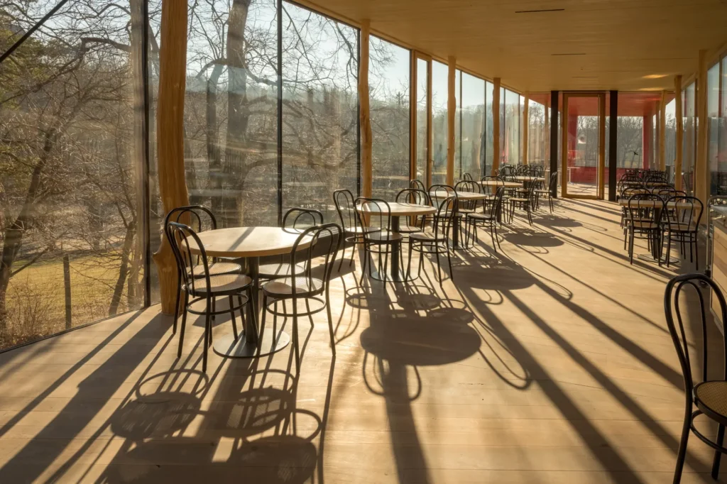 Offener und sonnendurchfluteter Essensbereich der Cafeteria mit runden und eckigen Esstischen mit jeweils vier Sesseln